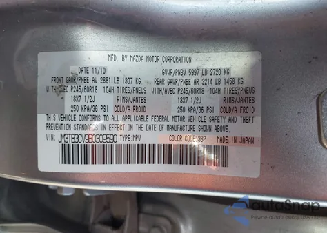 2011 Mazda Cx-9 Touring из США, поврежденный, VIN JM3TB3CV9B0309590